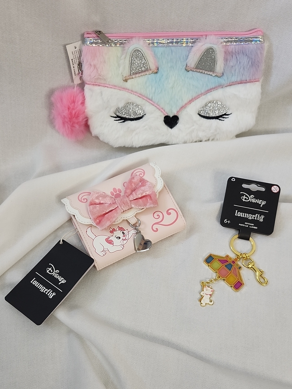Loungefly "Marie" Front Bow Wallet w/ Furry Cat Face Clutch